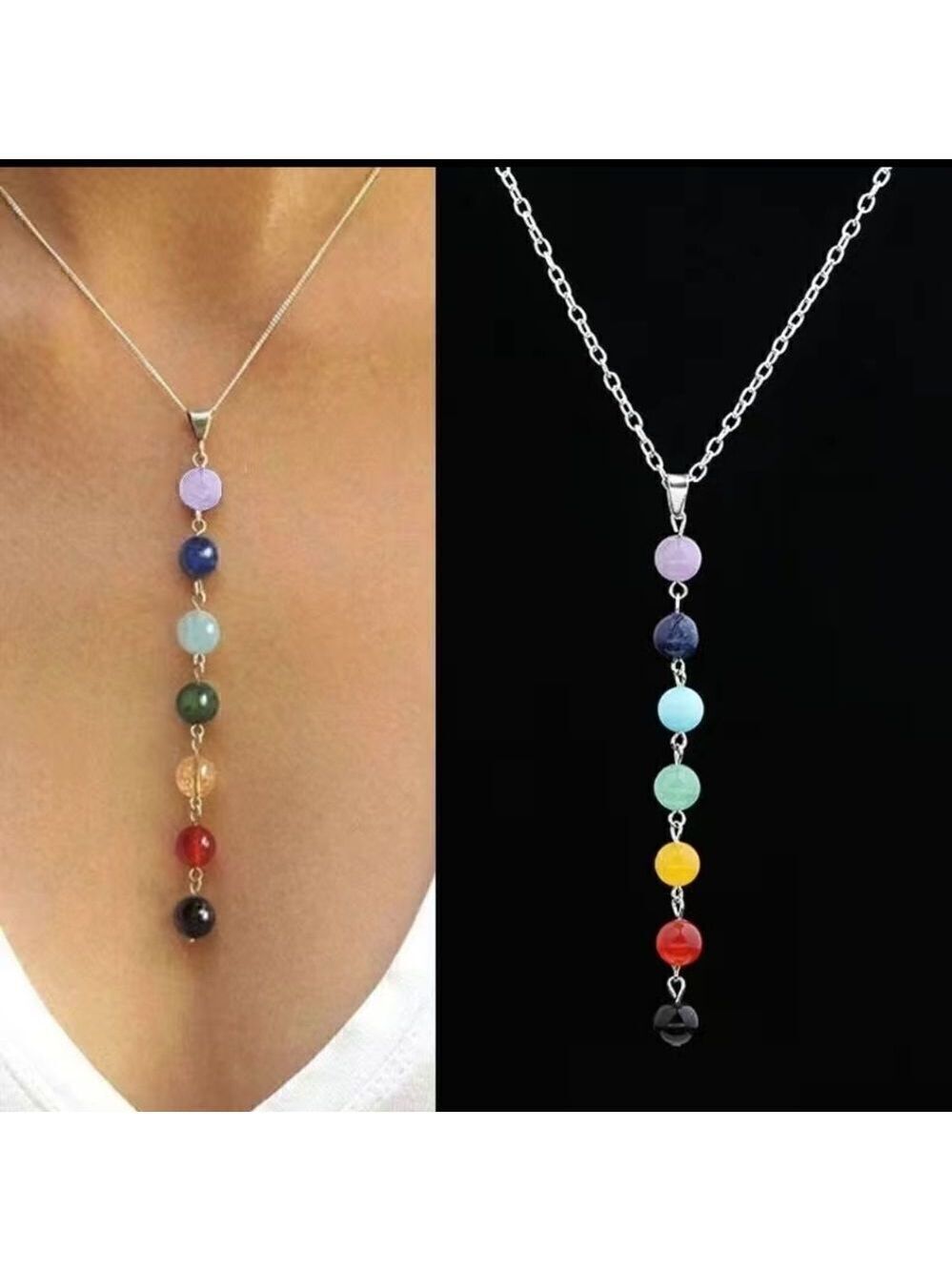 Chakra Beads Pendant Necklace 8mm Multicolor Glass Pendant Fashion Yoga